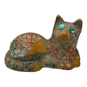Vintage Decoupage Cat Figurine Multi-color Button Eyes Sculpture 6"x11.5"